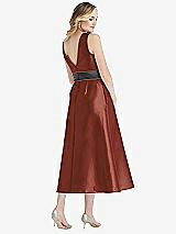 Rear View Thumbnail - Auburn Moon & Pewter High-Neck Asymmetrical Shirred Satin Midi Dress with Pockets