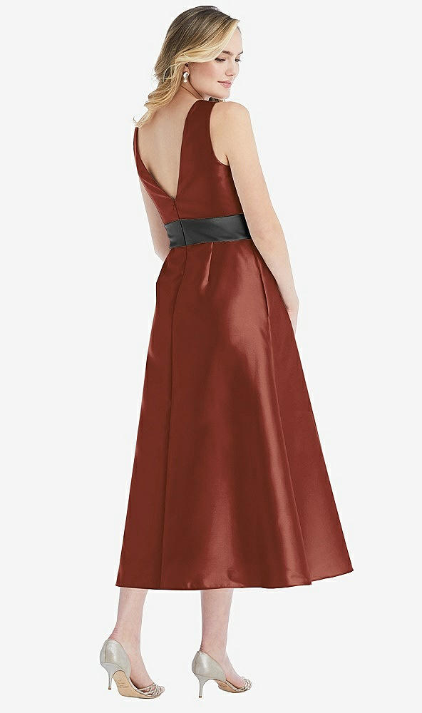 Back View - Auburn Moon & Pewter High-Neck Asymmetrical Shirred Satin Midi Dress with Pockets