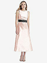 Front View Thumbnail - Blush & Pewter High-Neck Asymmetrical Shirred Satin Midi Dress with Pockets