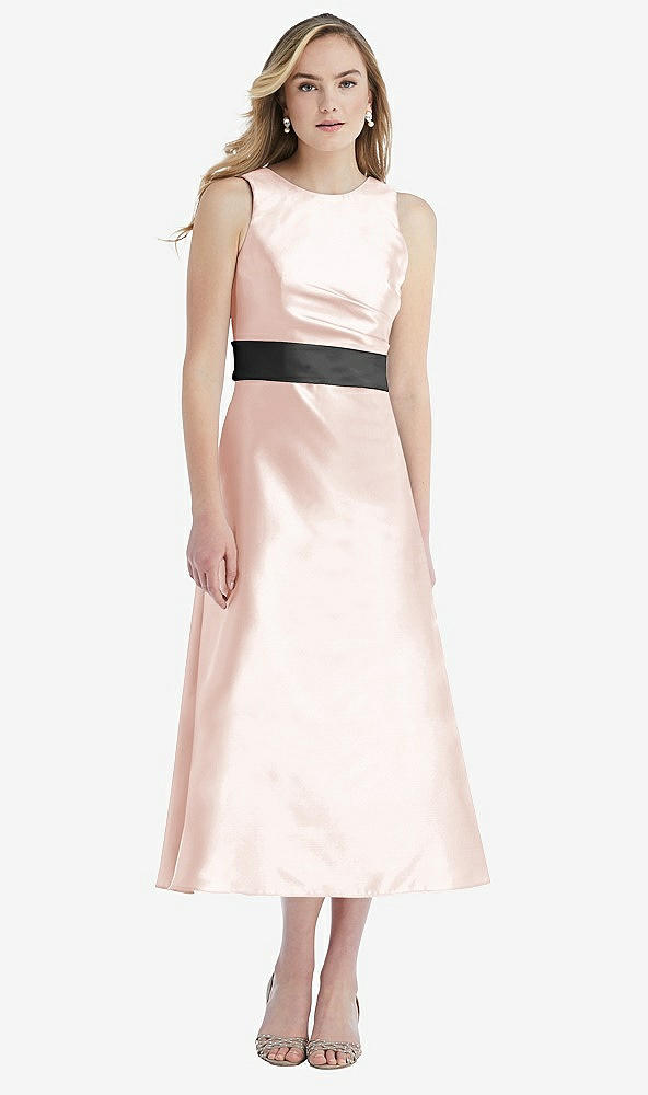 Front View - Blush & Pewter High-Neck Asymmetrical Shirred Satin Midi Dress with Pockets
