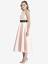 Side View Thumbnail - Blush & Pewter High-Neck Asymmetrical Shirred Satin Midi Dress with Pockets