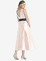 Rear View Thumbnail - Blush & Pewter High-Neck Asymmetrical Shirred Satin Midi Dress with Pockets