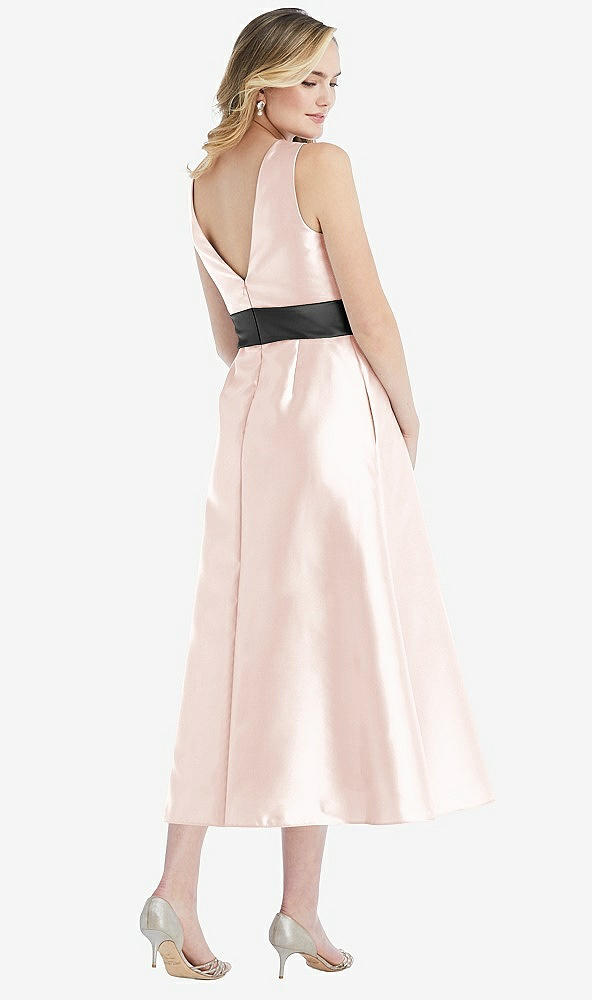 Back View - Blush & Pewter High-Neck Asymmetrical Shirred Satin Midi Dress with Pockets