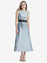 Front View Thumbnail - Mist & Pewter High-Neck Asymmetrical Shirred Satin Midi Dress with Pockets