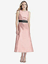 Front View Thumbnail - Rose - PANTONE Rose Quartz & Pewter High-Neck Asymmetrical Shirred Satin Midi Dress with Pockets