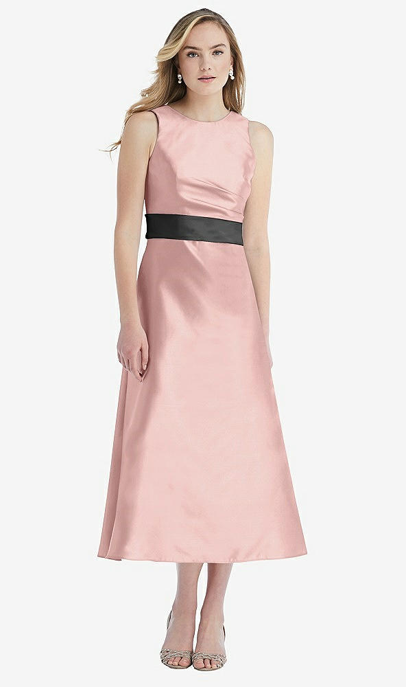 Front View - Rose - PANTONE Rose Quartz & Pewter High-Neck Asymmetrical Shirred Satin Midi Dress with Pockets