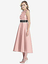 Side View Thumbnail - Rose - PANTONE Rose Quartz & Pewter High-Neck Asymmetrical Shirred Satin Midi Dress with Pockets