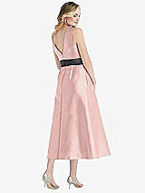 Rear View Thumbnail - Rose - PANTONE Rose Quartz & Pewter High-Neck Asymmetrical Shirred Satin Midi Dress with Pockets