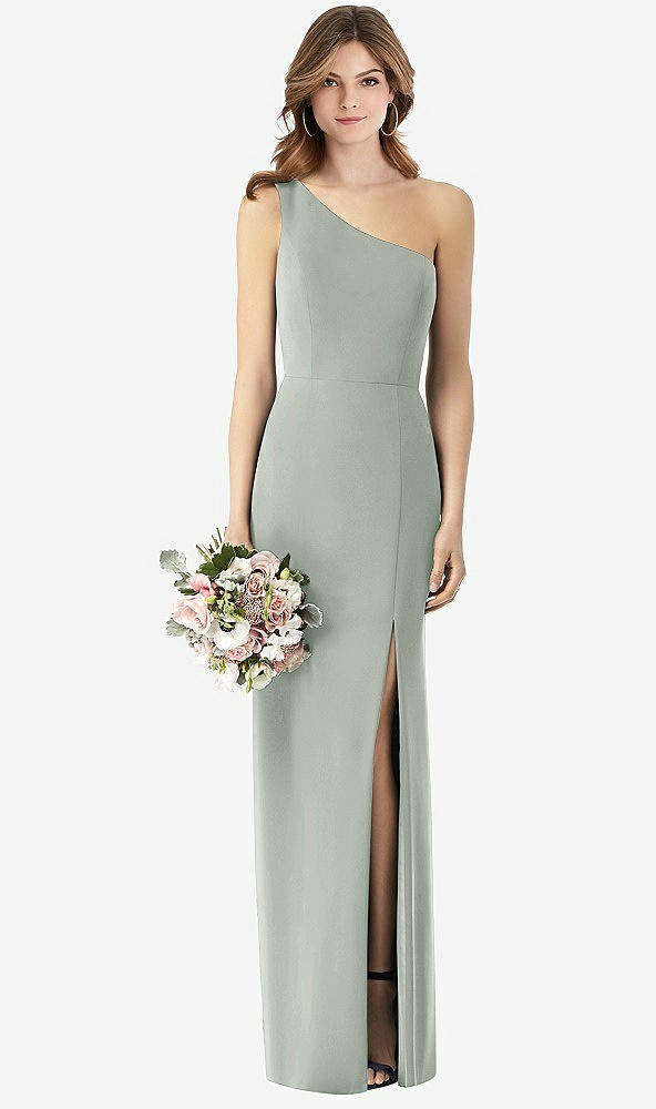 Front View - Willow Green One-Shoulder Crepe Trumpet Gown with Front Slit