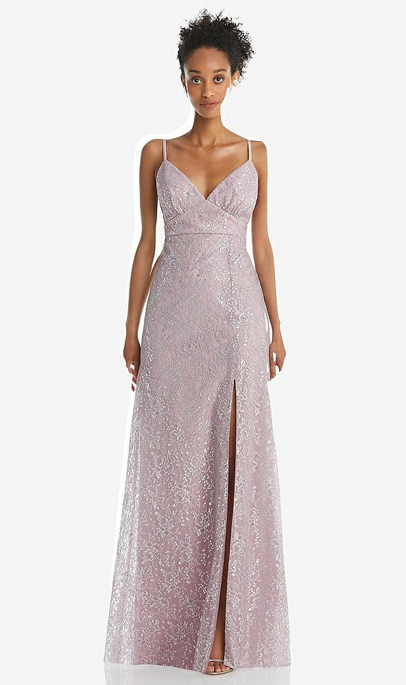 Front View - Suede Rose V-Neck Metallic Lace Maxi Dress with Adjustable Straps