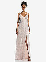 Front View Thumbnail - Blush V-Neck Metallic Lace Maxi Dress with Adjustable Straps