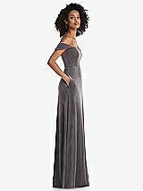 Side View Thumbnail - Caviar Gray Off-the-Shoulder Flounce Sleeve Velvet Maxi Dress
