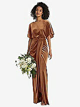 Alt View 1 Thumbnail - Golden Almond Flutter Sleeve Open-Back Velvet Maxi Dress with Draped Wrap Skirt