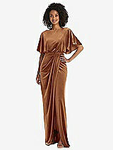 Front View Thumbnail - Golden Almond Flutter Sleeve Open-Back Velvet Maxi Dress with Draped Wrap Skirt