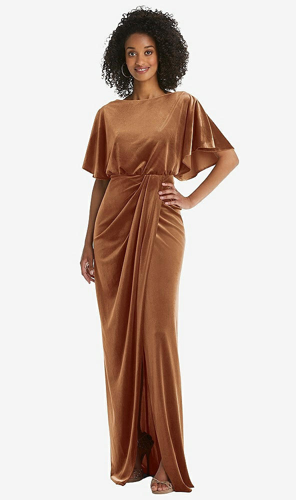 Front View - Golden Almond Flutter Sleeve Open-Back Velvet Maxi Dress with Draped Wrap Skirt