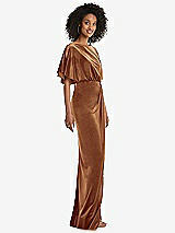 Side View Thumbnail - Golden Almond Flutter Sleeve Open-Back Velvet Maxi Dress with Draped Wrap Skirt