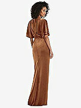 Rear View Thumbnail - Golden Almond Flutter Sleeve Open-Back Velvet Maxi Dress with Draped Wrap Skirt