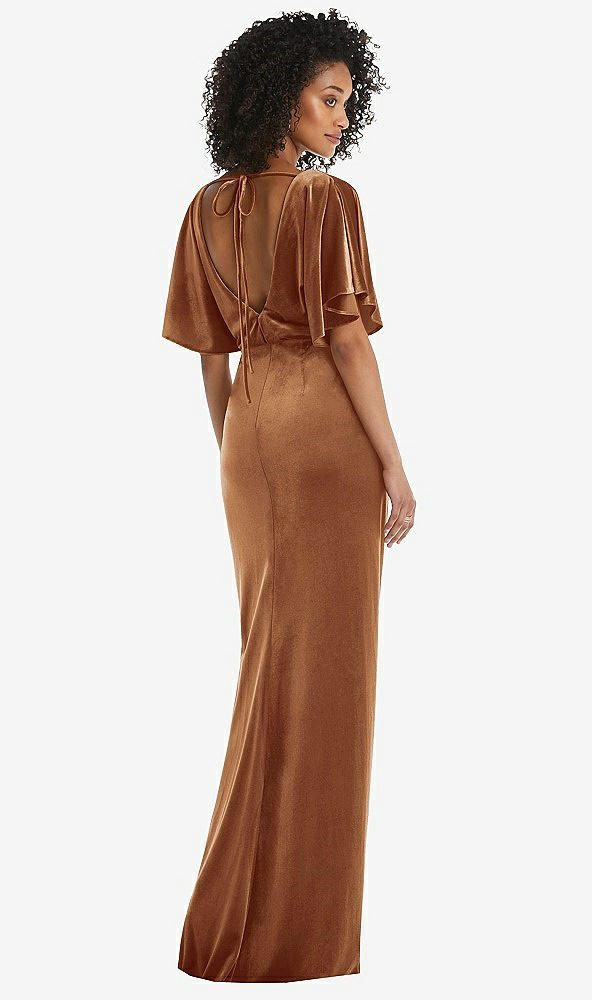 Back View - Golden Almond Flutter Sleeve Open-Back Velvet Maxi Dress with Draped Wrap Skirt
