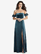 Front View Thumbnail - Dutch Blue Ruffle Sleeve Off-the-Shoulder Velvet Maxi Dress