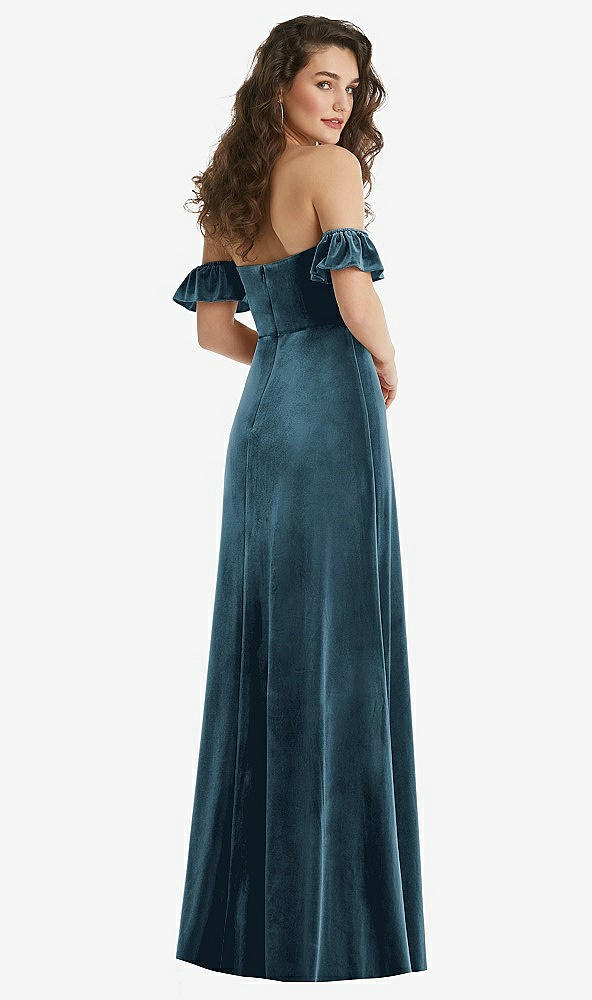 Back View - Dutch Blue Ruffle Sleeve Off-the-Shoulder Velvet Maxi Dress