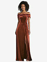 Front View Thumbnail - Auburn Moon Draped Cuff Off-the-Shoulder Velvet Maxi Dress with Pockets