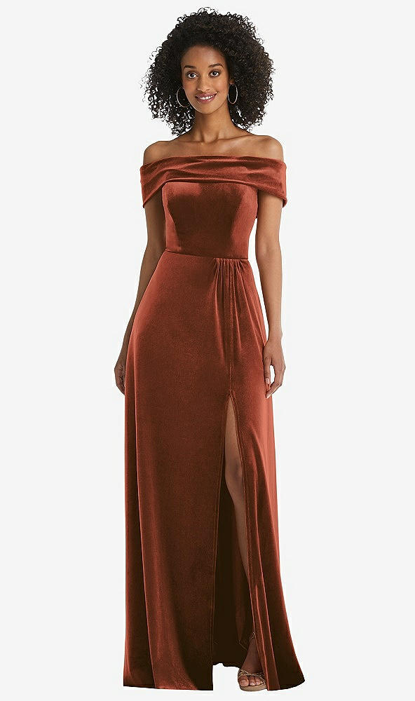 Front View - Auburn Moon Draped Cuff Off-the-Shoulder Velvet Maxi Dress with Pockets