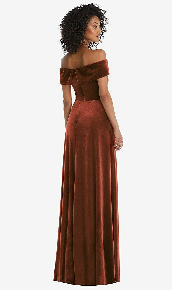 Back View - Auburn Moon Draped Cuff Off-the-Shoulder Velvet Maxi Dress with Pockets