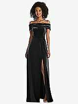 Front View Thumbnail - Black Draped Cuff Off-the-Shoulder Velvet Maxi Dress with Pockets