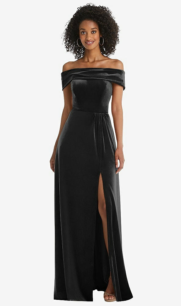 Front View - Black Draped Cuff Off-the-Shoulder Velvet Maxi Dress with Pockets