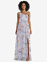 Front View Thumbnail - Butterfly Botanica Silver Dove One-Shoulder Chiffon Maxi Dress with Shirred Front Slit