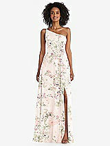 Front View Thumbnail - Blush Garden One-Shoulder Chiffon Maxi Dress with Shirred Front Slit