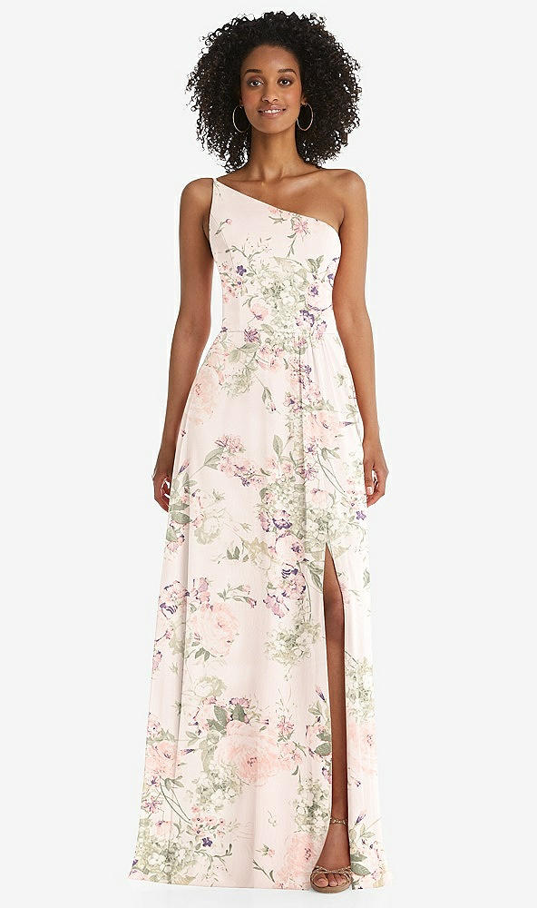 Front View - Blush Garden One-Shoulder Chiffon Maxi Dress with Shirred Front Slit