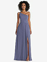 Front View Thumbnail - French Blue One-Shoulder Chiffon Maxi Dress with Shirred Front Slit