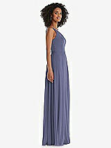 Side View Thumbnail - French Blue One-Shoulder Chiffon Maxi Dress with Shirred Front Slit