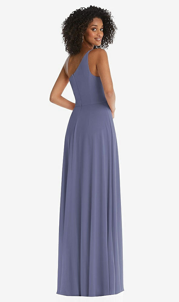Back View - French Blue One-Shoulder Chiffon Maxi Dress with Shirred Front Slit