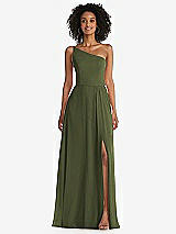 Front View Thumbnail - Olive Green One-Shoulder Chiffon Maxi Dress with Shirred Front Slit