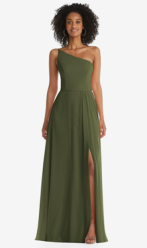 Front View - Olive Green One-Shoulder Chiffon Maxi Dress with Shirred Front Slit