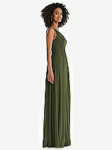 Side View Thumbnail - Olive Green One-Shoulder Chiffon Maxi Dress with Shirred Front Slit