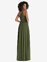 Rear View Thumbnail - Olive Green One-Shoulder Chiffon Maxi Dress with Shirred Front Slit