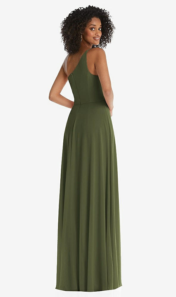 Back View - Olive Green One-Shoulder Chiffon Maxi Dress with Shirred Front Slit