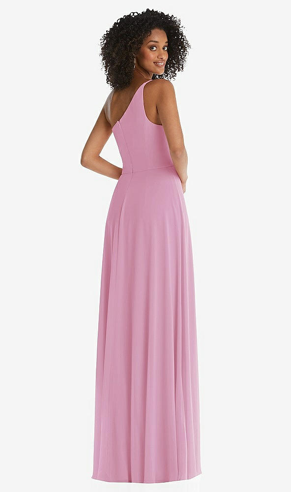 Back View - Powder Pink One-Shoulder Chiffon Maxi Dress with Shirred Front Slit