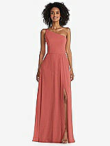 Front View Thumbnail - Coral Pink One-Shoulder Chiffon Maxi Dress with Shirred Front Slit