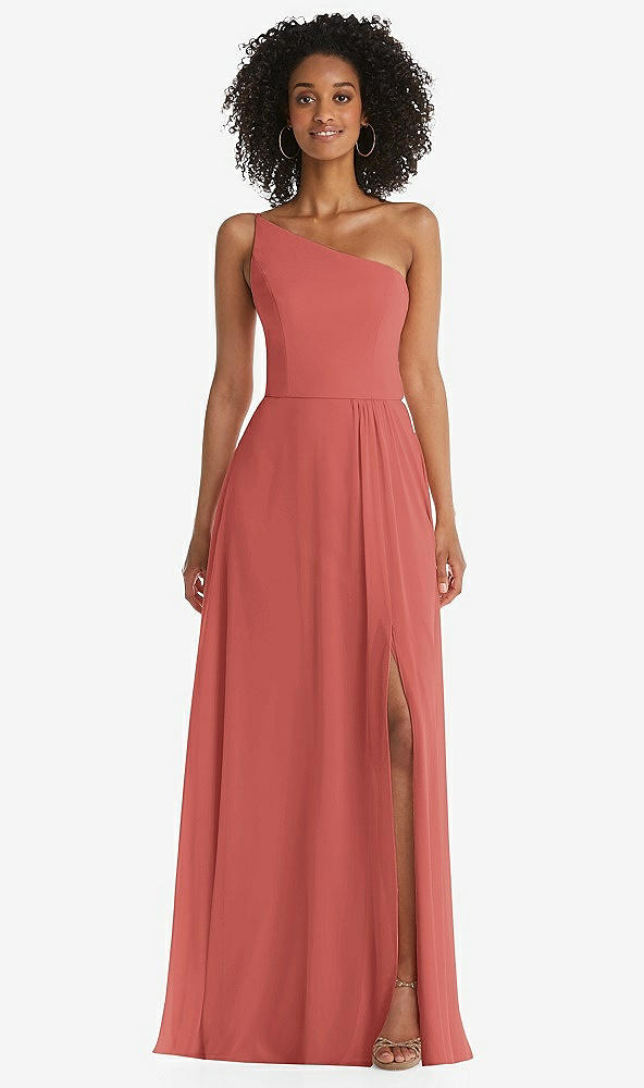 Front View - Coral Pink One-Shoulder Chiffon Maxi Dress with Shirred Front Slit