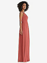 Side View Thumbnail - Coral Pink One-Shoulder Chiffon Maxi Dress with Shirred Front Slit