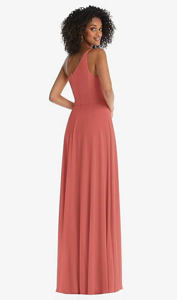 Back View - Coral Pink One-Shoulder Chiffon Maxi Dress with Shirred Front Slit
