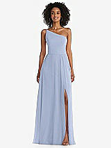Front View Thumbnail - Sky Blue One-Shoulder Chiffon Maxi Dress with Shirred Front Slit