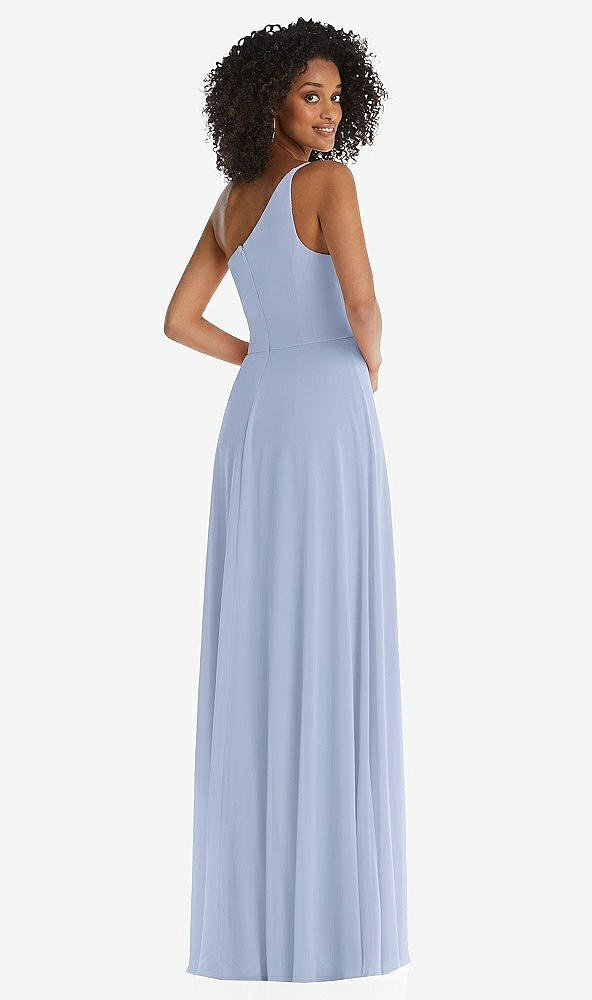 Back View - Sky Blue One-Shoulder Chiffon Maxi Dress with Shirred Front Slit