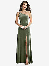 Front View Thumbnail - Sage One-Shoulder Spaghetti Strap Velvet Maxi Dress with Pockets
