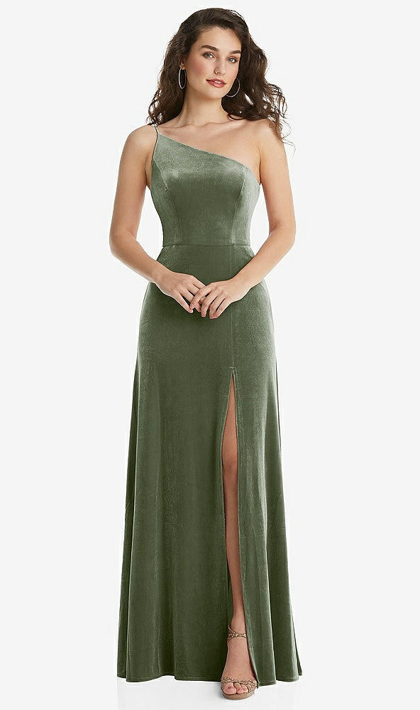 Front View - Sage One-Shoulder Spaghetti Strap Velvet Maxi Dress with Pockets