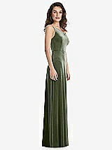Side View Thumbnail - Sage One-Shoulder Spaghetti Strap Velvet Maxi Dress with Pockets